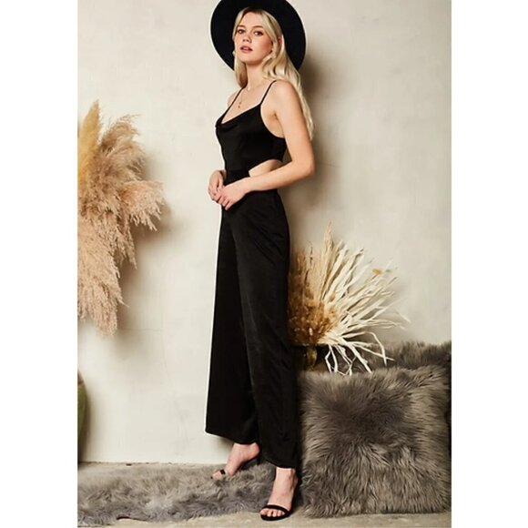 ENDLESS blu women's black cowl neck Criss Cross Open Back jumpsuit - Picture 3 of 7